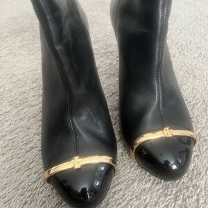 Tory Burch booties (black) patent leather tip, gold frame